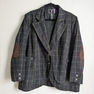 Vintage Gray Wool Blend Plaid Patch Elbow Blazer Size 20W Dark Academia
